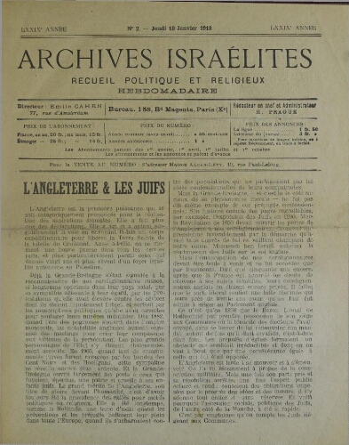 Archives israélites de France. Vol.79 N°02 (10 janv. 1918)